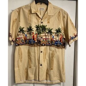 Royal Creations Hawaiian Made‎ Shirt Polynesian Sz Lg Palm Woody Vtg Cars Surf